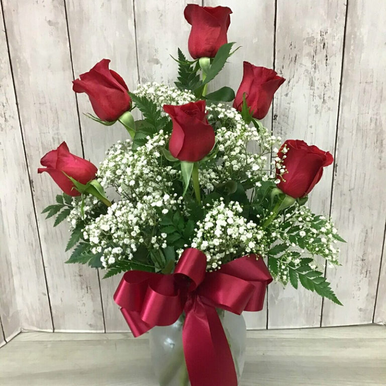 Half Dozen Rose Vase Baskets & Blooms